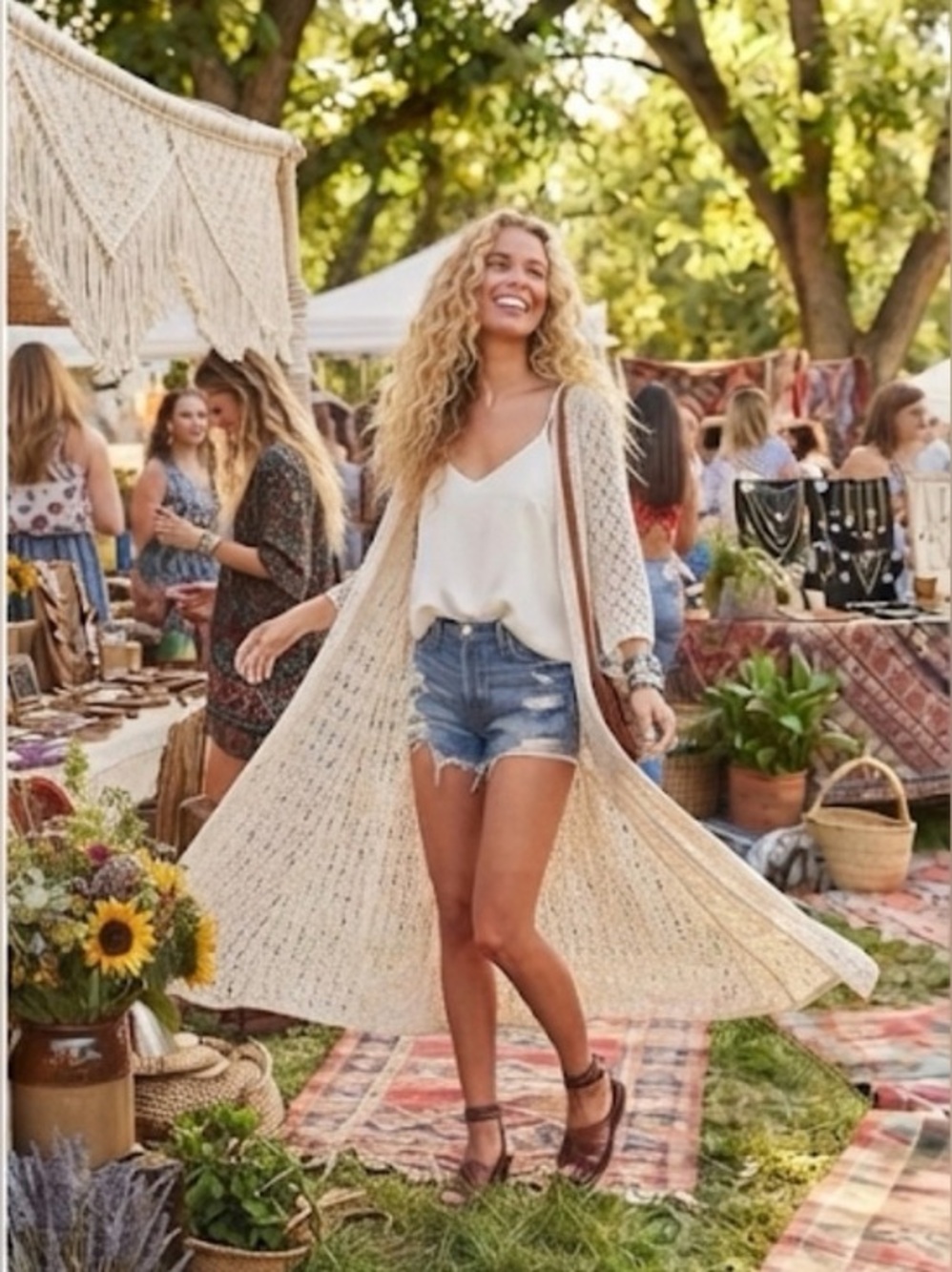 Knit Crochet Open Front Sweater Duster, Size Small